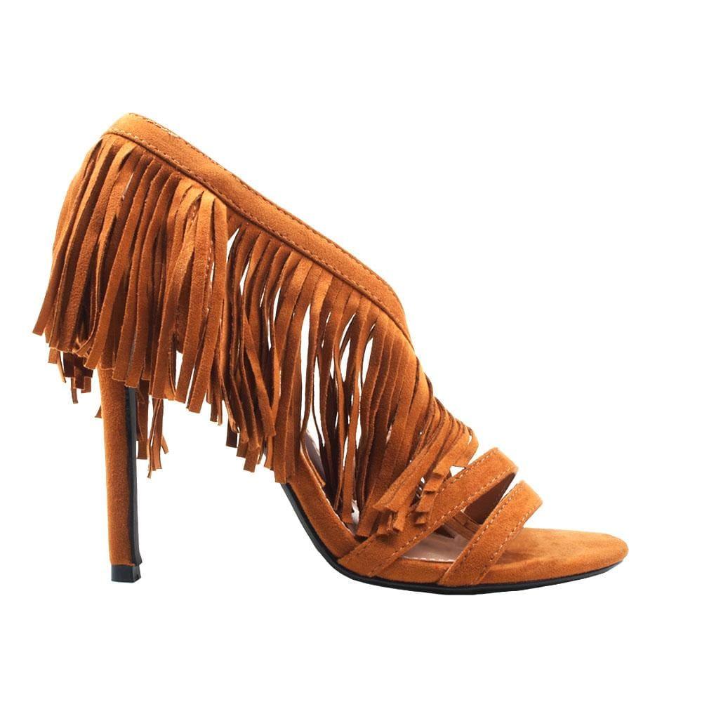 Brown colored women heels with same colored falls-side view