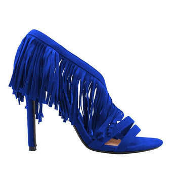 Blue colored women heels with same colored falls-side view