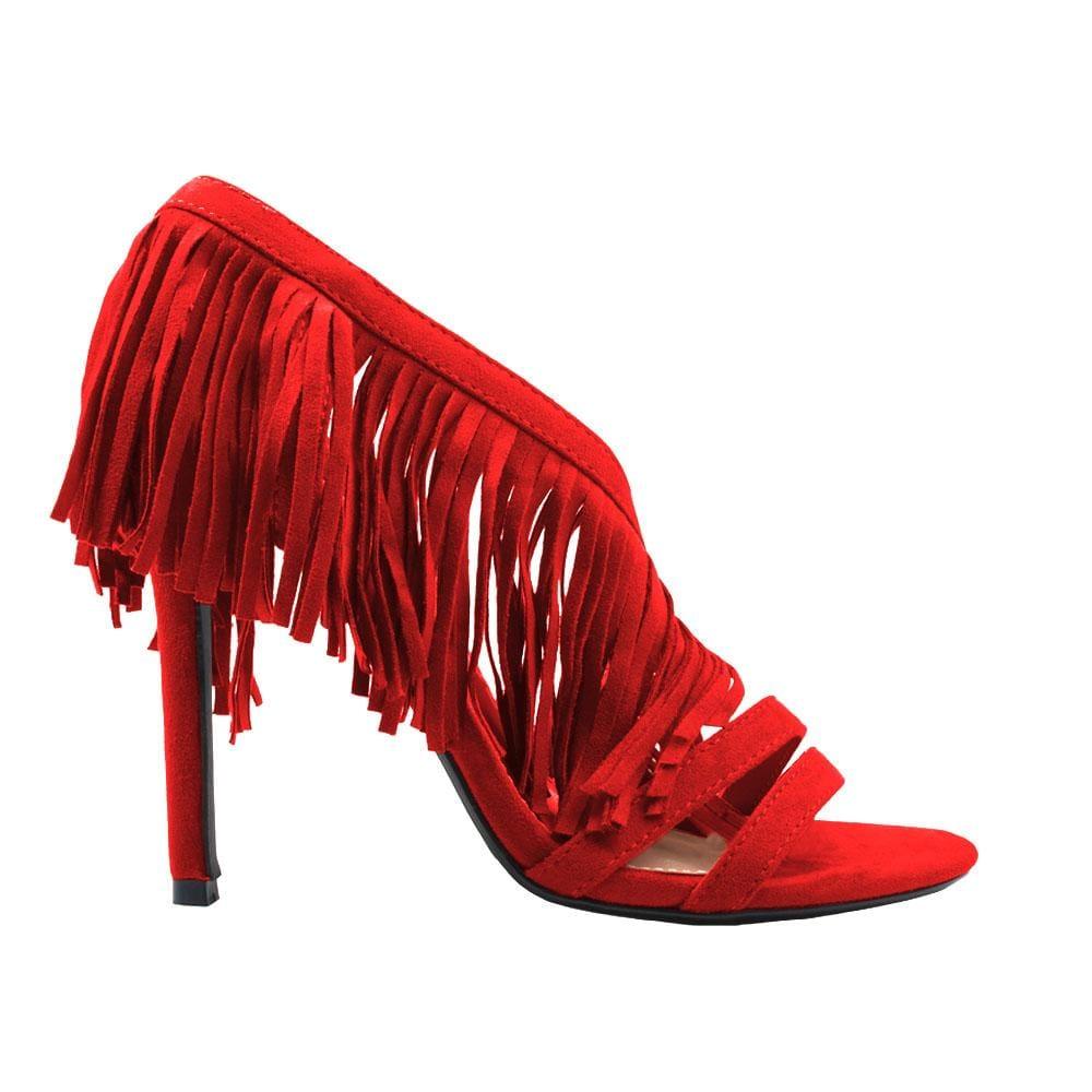 Red colored women heels with same colored falls-side view