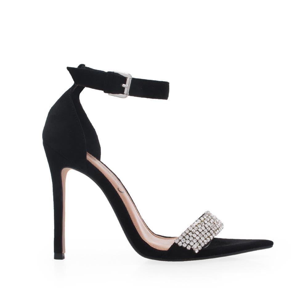 Black colored women heels with rhinestone upper and ankle buckle closure