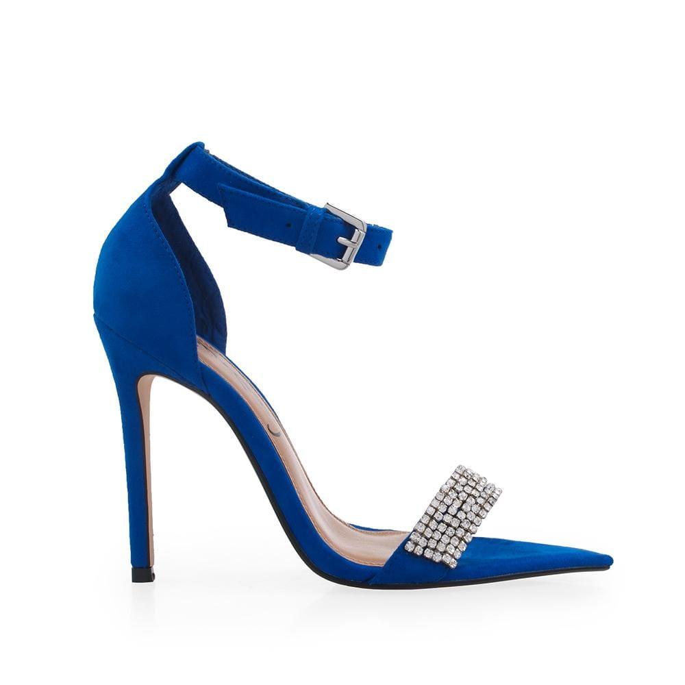 Blue colored women heels with rhinestone upper and ankle buckle closure