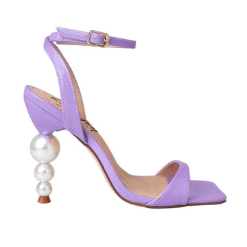 Purple colored women heels with ankle buckle closure and three tiered pearl heel-side view