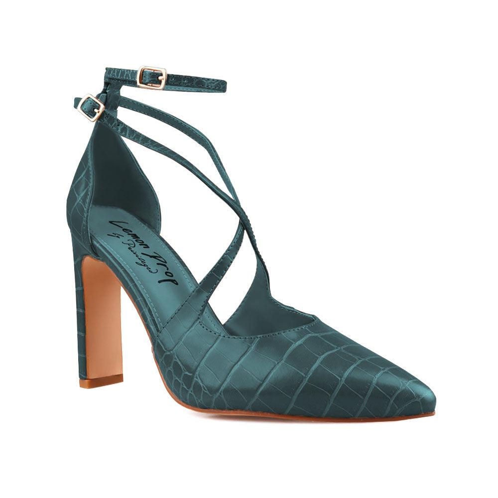 Green colored women heel with two ankle buckles-corner view