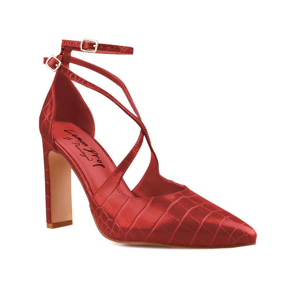 Red colored women heel with two ankle buckles-corner view