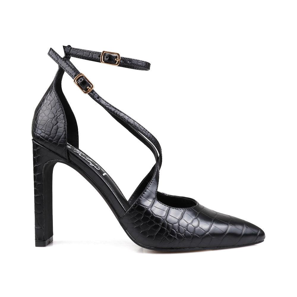 Black colored women heel with two ankle buckles-side view