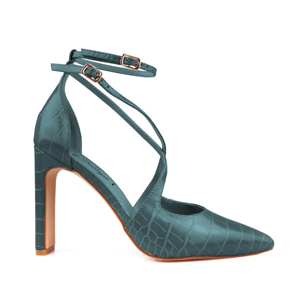 Green colored women heel with two ankle buckles-side view