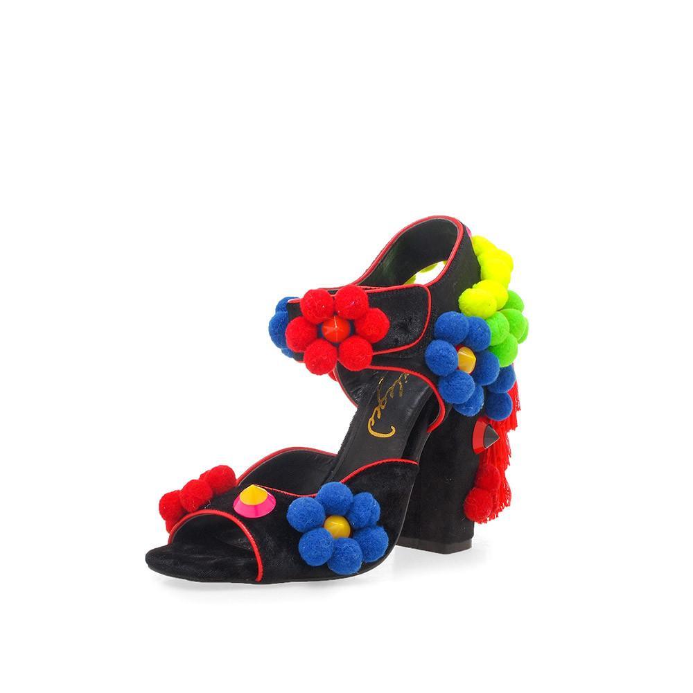 Black women heels with vibrant flower embellishments-corner view