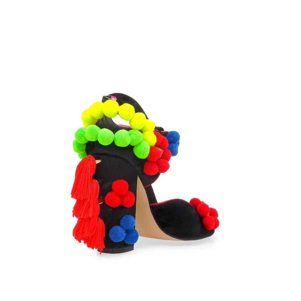 Black women heels with vibrant flower embellishments-posterior view