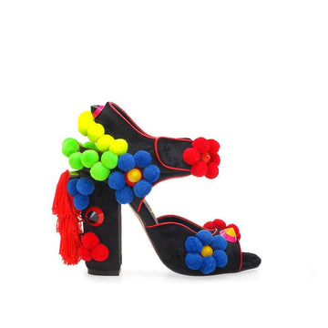 Black women heels with vibrant flower embellishments-side view