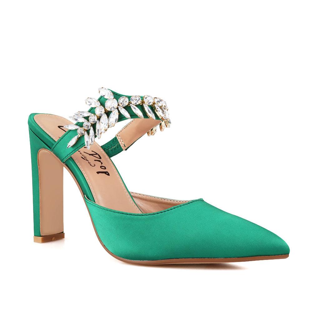 Green colored women heels with slip-on desgin and a silver motive strap-corner view