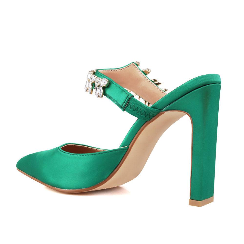 Green colored women heels with slip-on desgin and a silver motive strap-posterior view