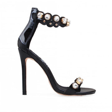 Black colored women heels with silver rhinestone embellishments on ankle buckle and upper