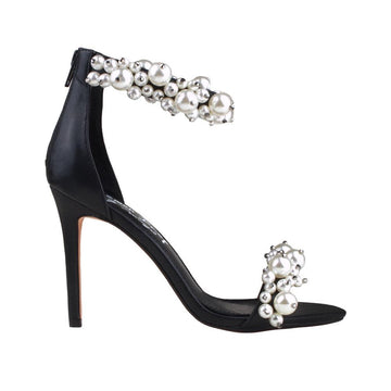 Black women heels with pearl embellished ankle buckle and upper-side view
