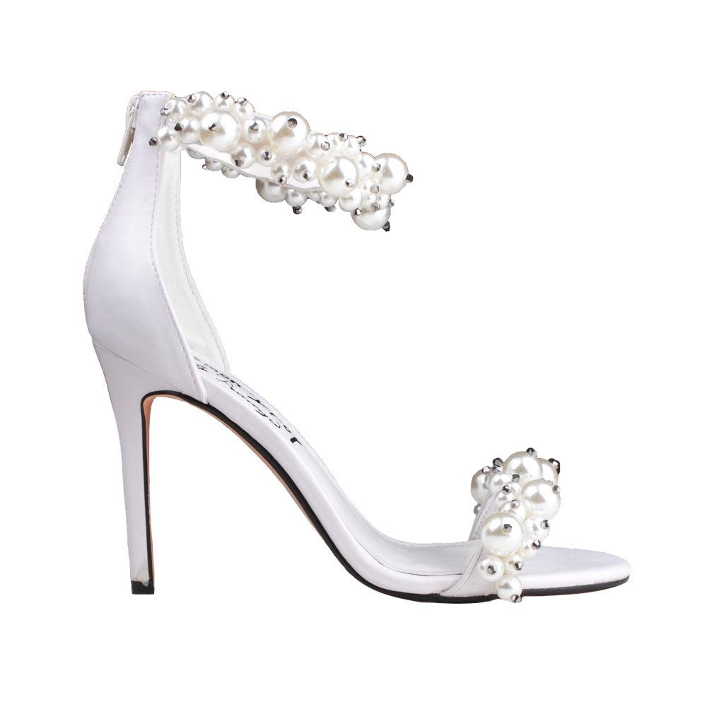 White women heels with pearl embellished ankle buckle and upper-side view