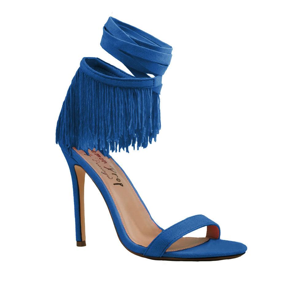 Blue colored women heels with fringes on ankle buckle-corner view