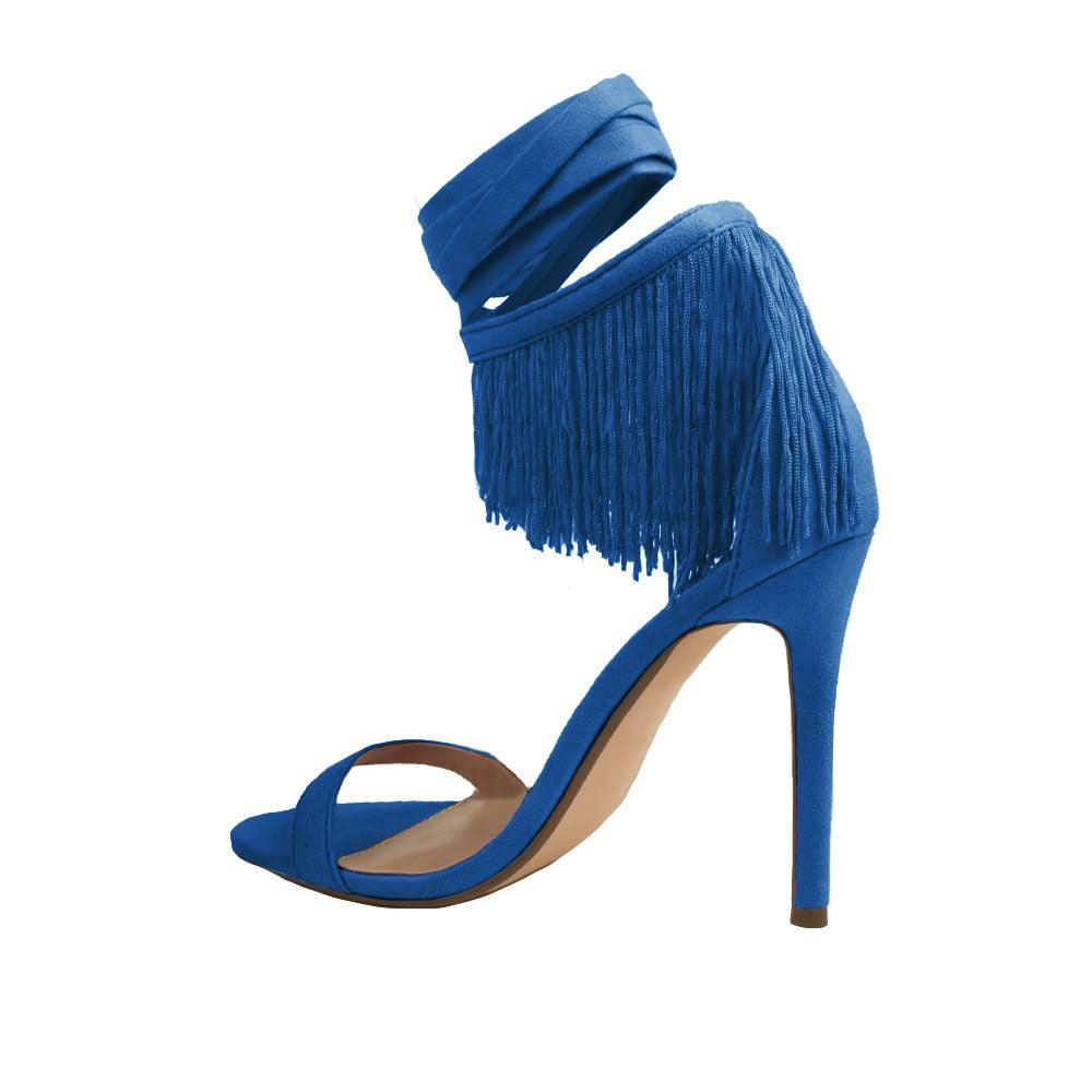 Blue colored women heels with fringes on ankle buckle-posterior view