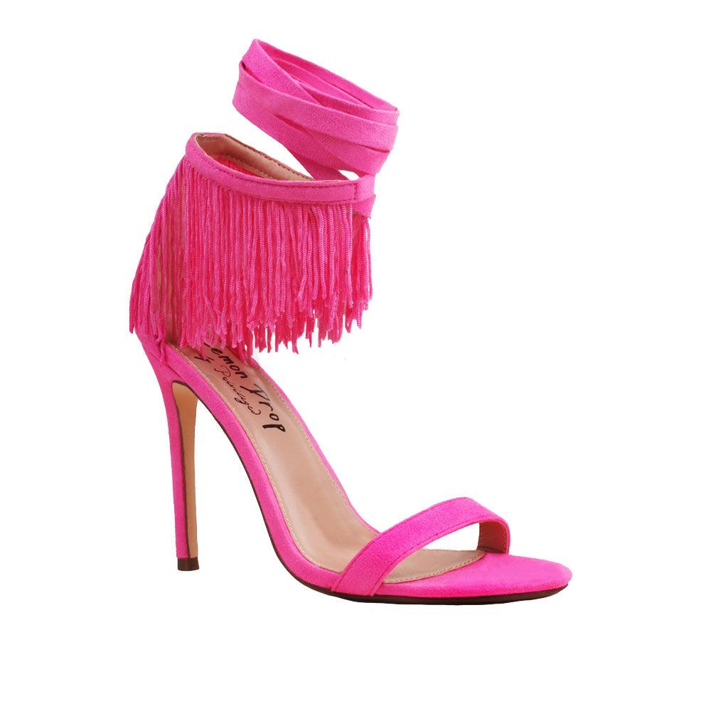 Pink colored women heels with fringes on ankle buckle-corner view