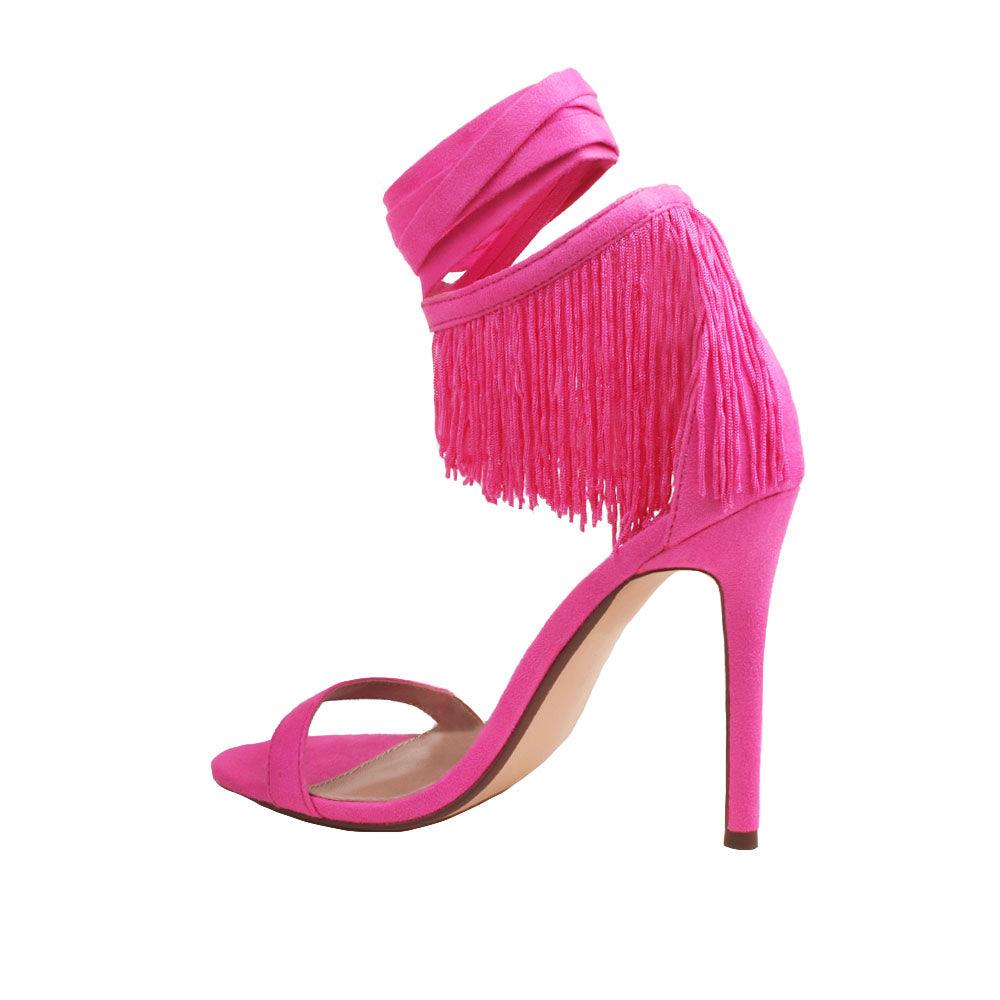 Pink colored women heels with fringes on ankle buckle-posterior view