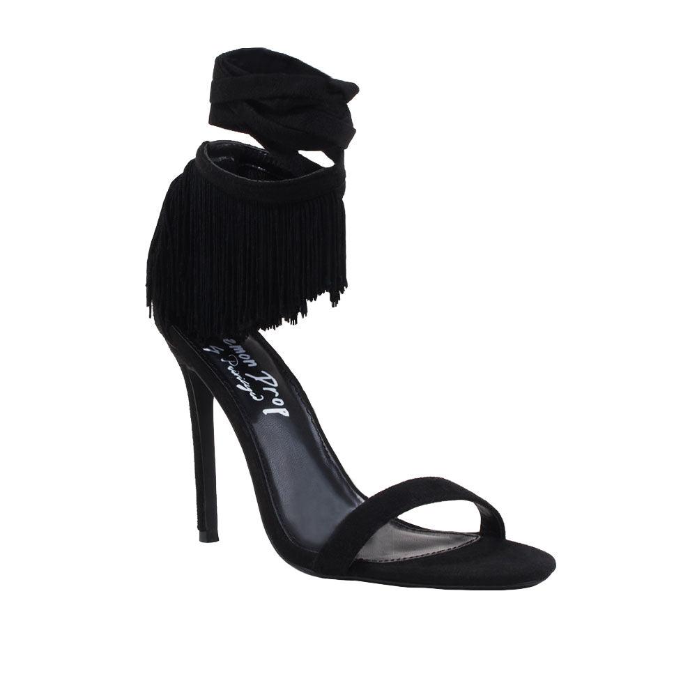 black colored women heels with fringes on ankle buckle-corner view