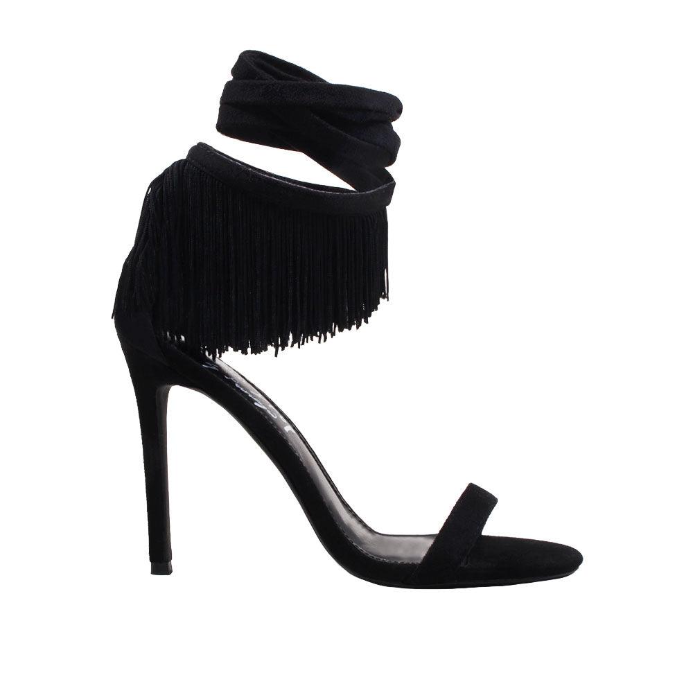 black colored women heels with fringes on ankle buckle-side view