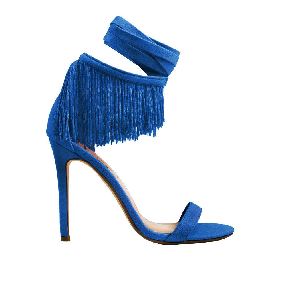 Blue colored women heels with fringes on ankle buckle-side view