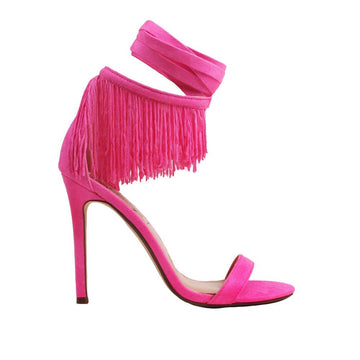 Pink colored women heels with fringes on ankle buckle-side view