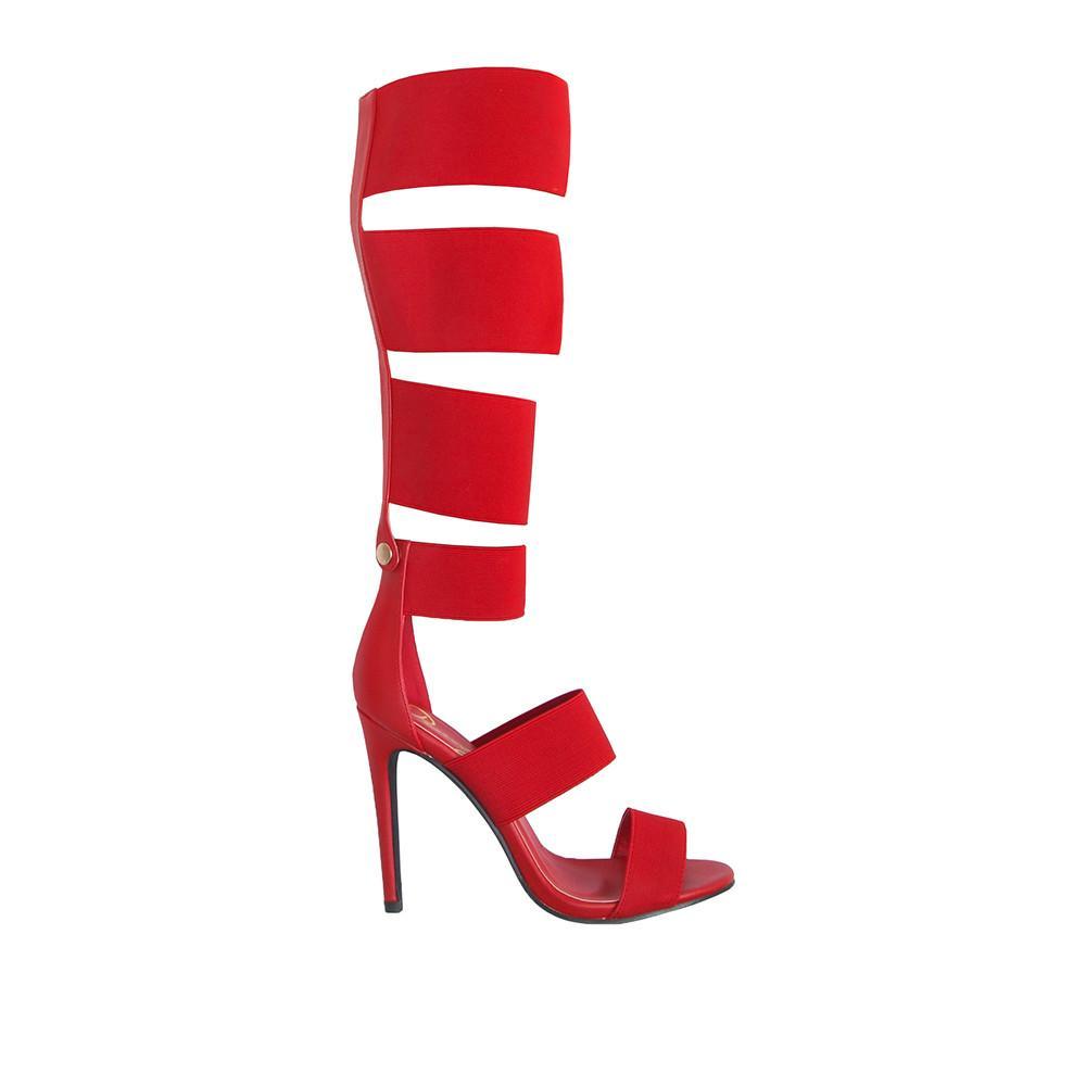 Red colored women high heels with four straps