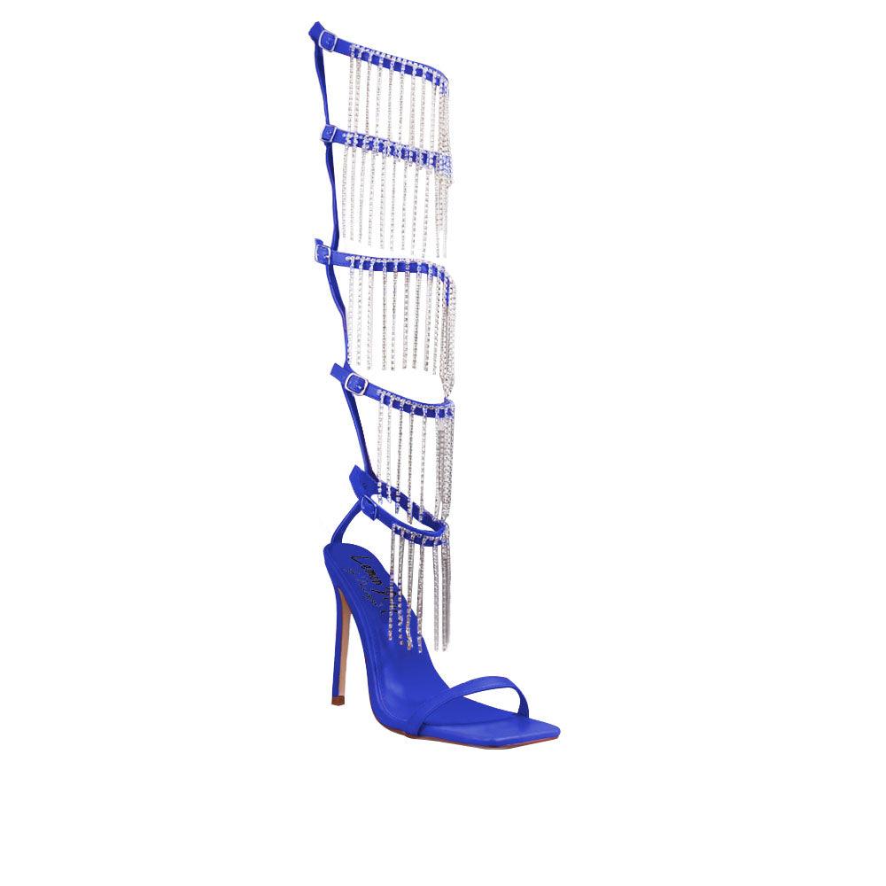 Blue women high heels with five buckles-corner view