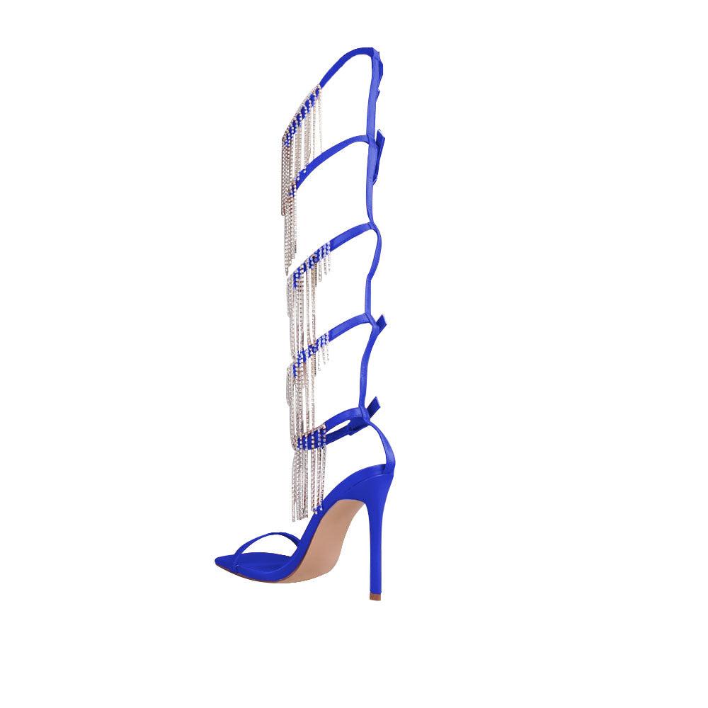 Blue women high heels with five buckles-posterior view