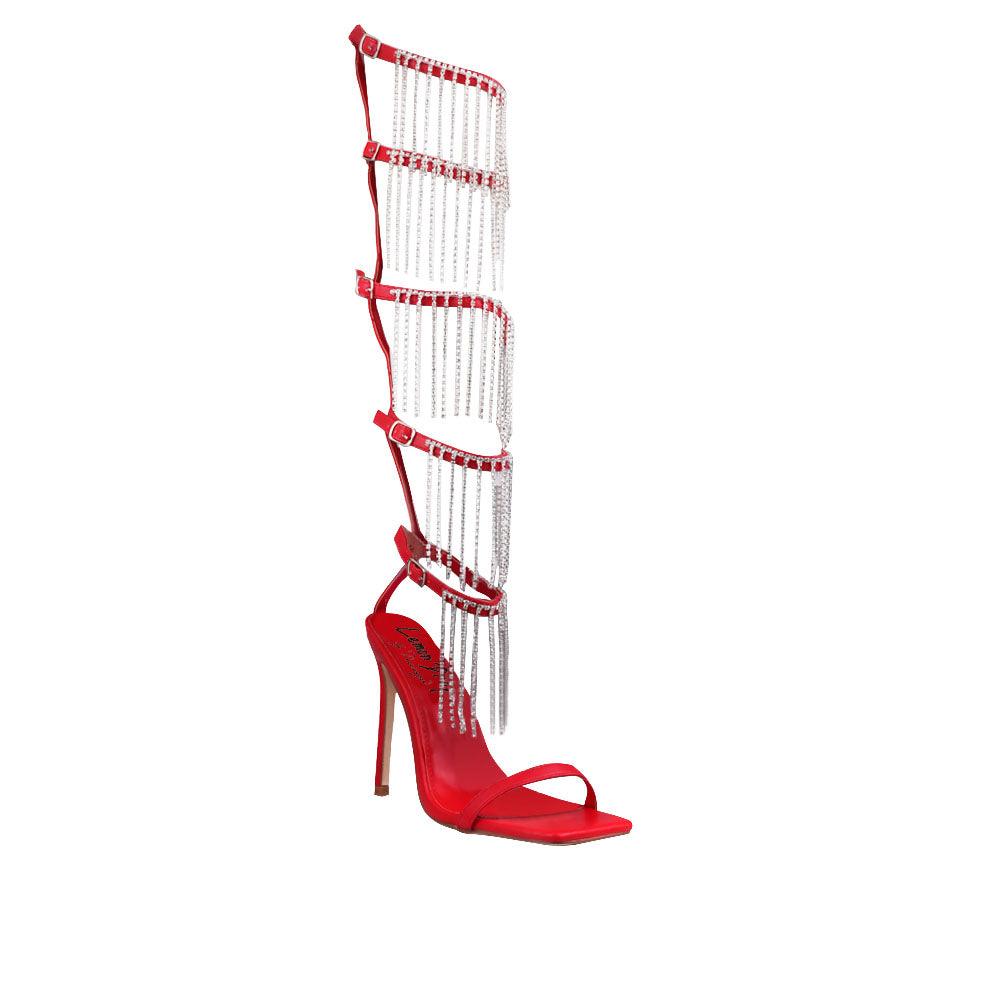 Red women high heels with five buckles-corner view