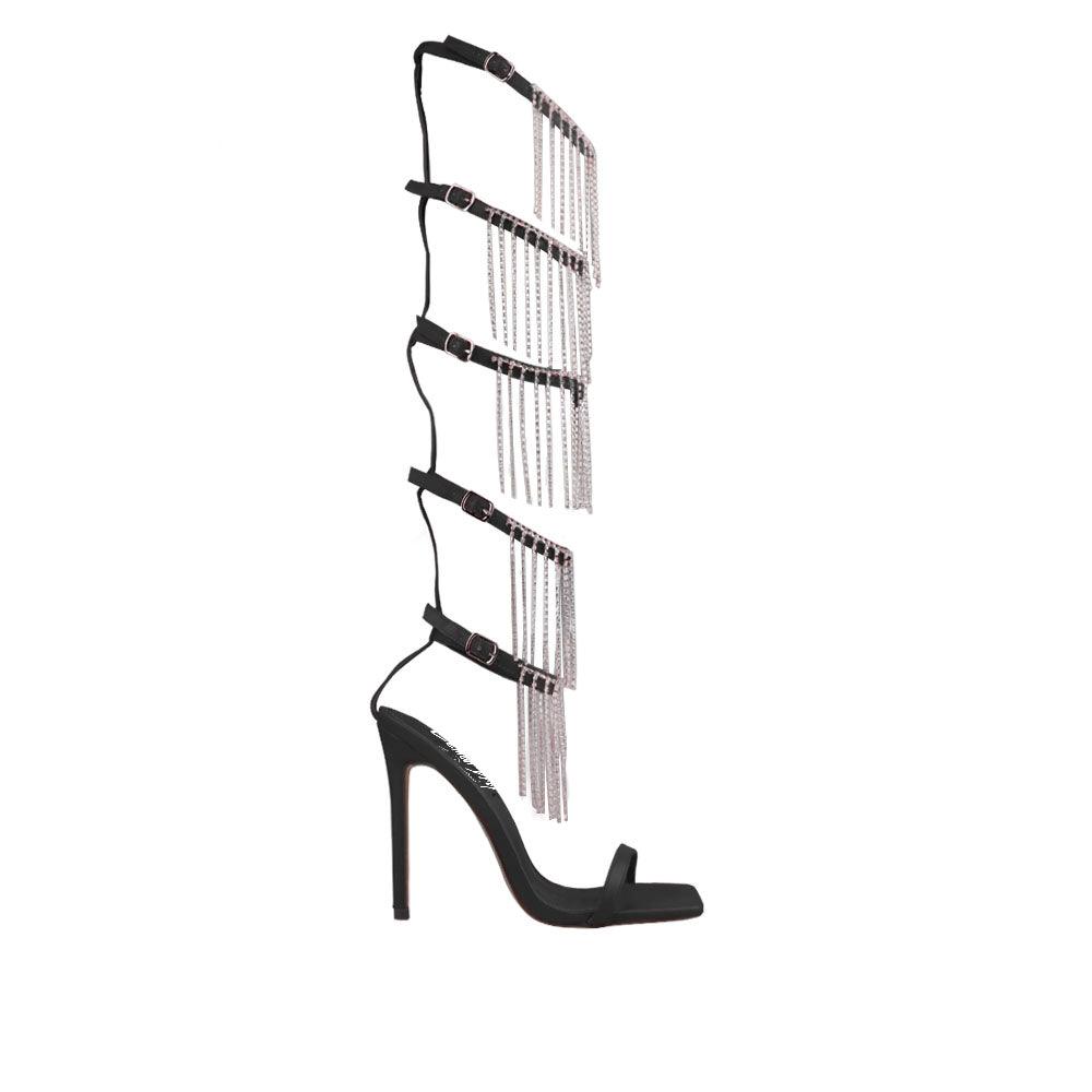 Black women high heels with five buckles-side view 