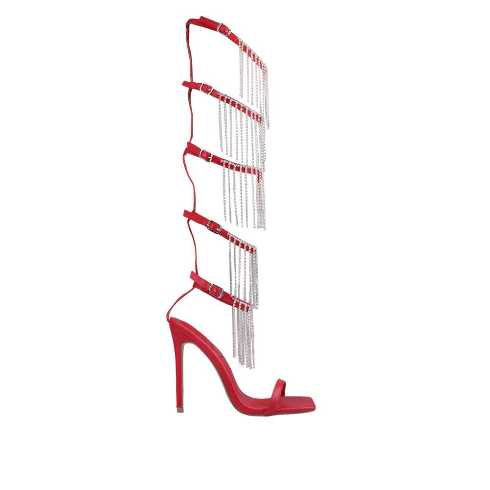 Red women high heels with five buckles-side view 