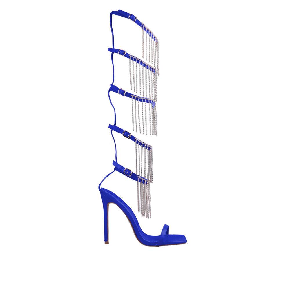 Blue women high heels with five buckles-side view