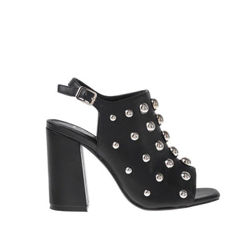 Black colored women heel with metal dome accents and block heel
