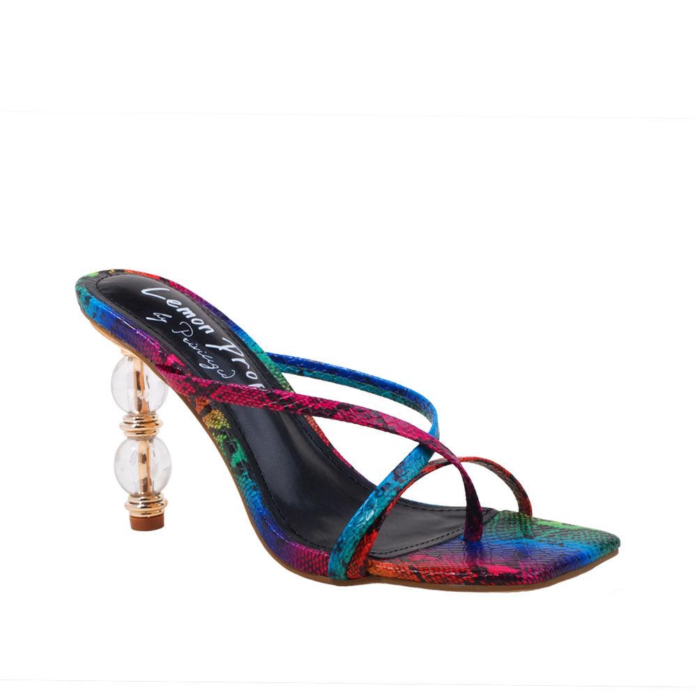 Rainbow snake printed vegan leather square toe women's heel-corner view