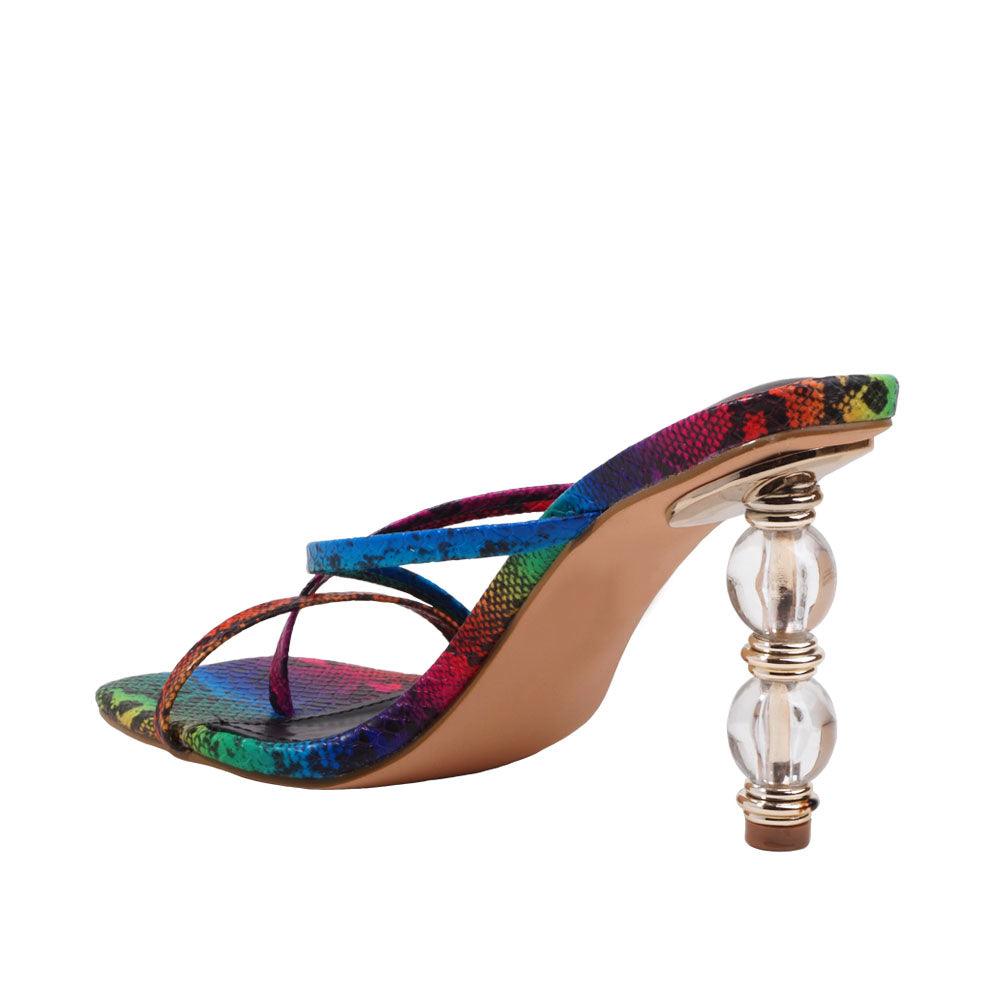 Rainbow snake printed vegan leather square toe women's heel-posterior view