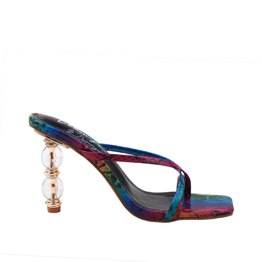 Rainbow snake printed vegan leather square toe women's heel-side view