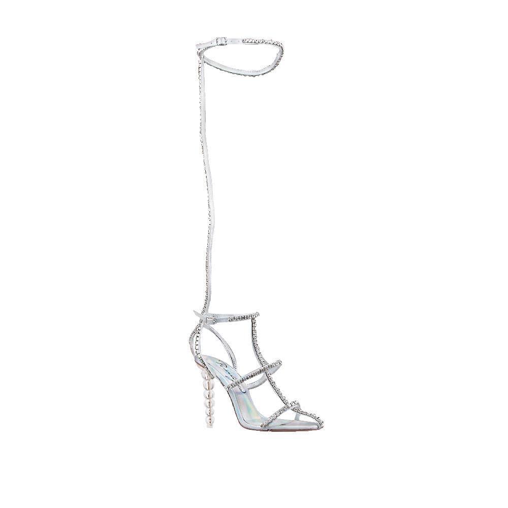 Ankle and thigh buckle closure women's heel with rhinestones in silver-corner view