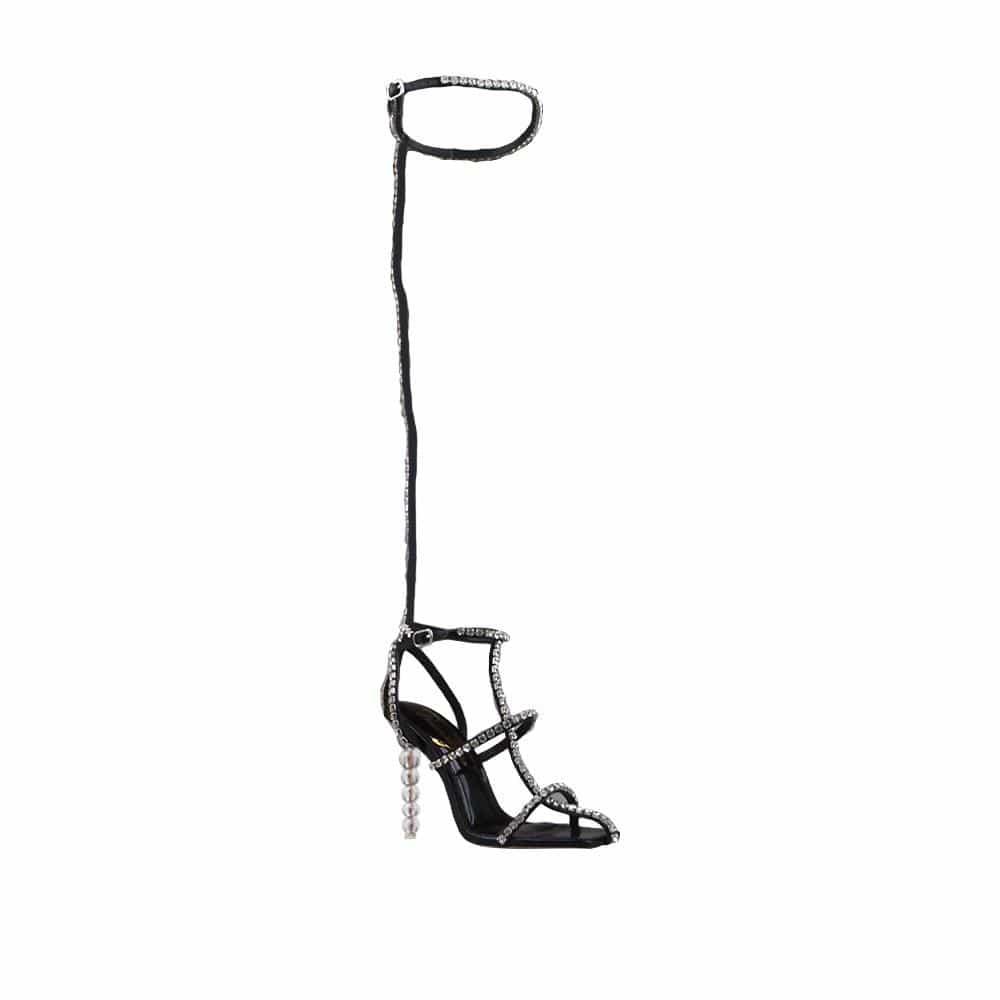 Ankle and thigh buckle closure women's heel with rhinestones in black-corner view