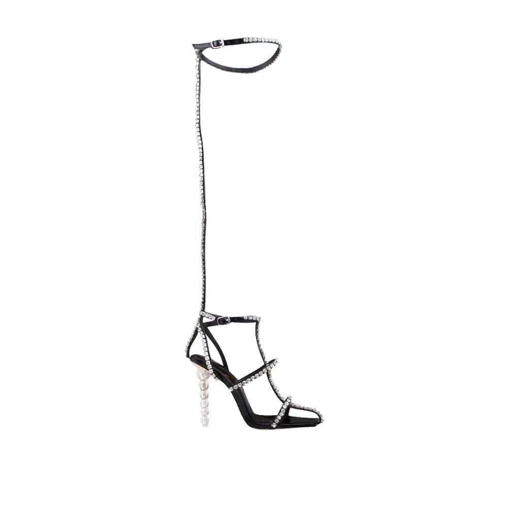 Ankle and thigh buckle closure women's heel with rhinestones in black-side view