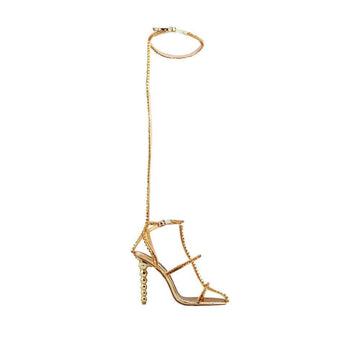 Ankle and thigh buckle closure women's heel with rhinestones in gold-side view