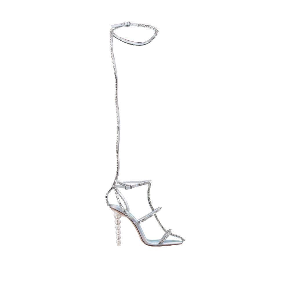 Ankle and thigh buckle closure women's heel with rhinestones in silver-side view