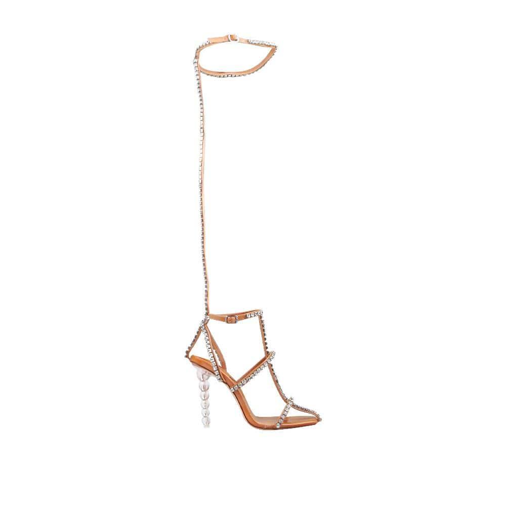 Ankle and thigh buckle closure women's heel with rhinestones in tan-side view