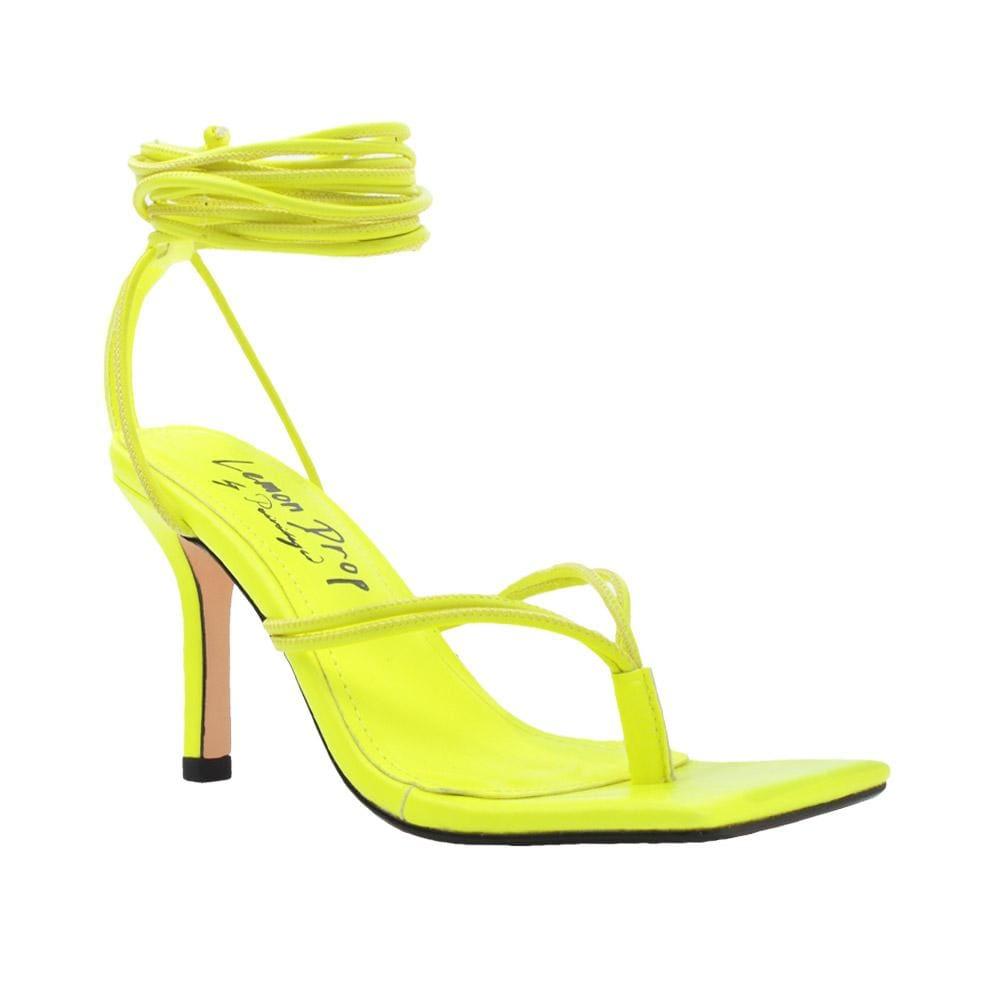 Lace tie up square toe women's heel in neon yellow-corner view