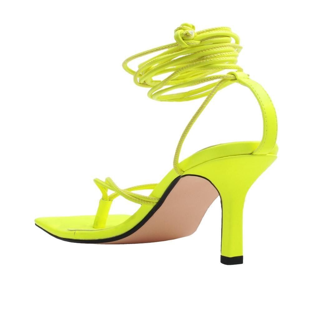 Lace tie up square toe women's heel in neon yellow-posterior view