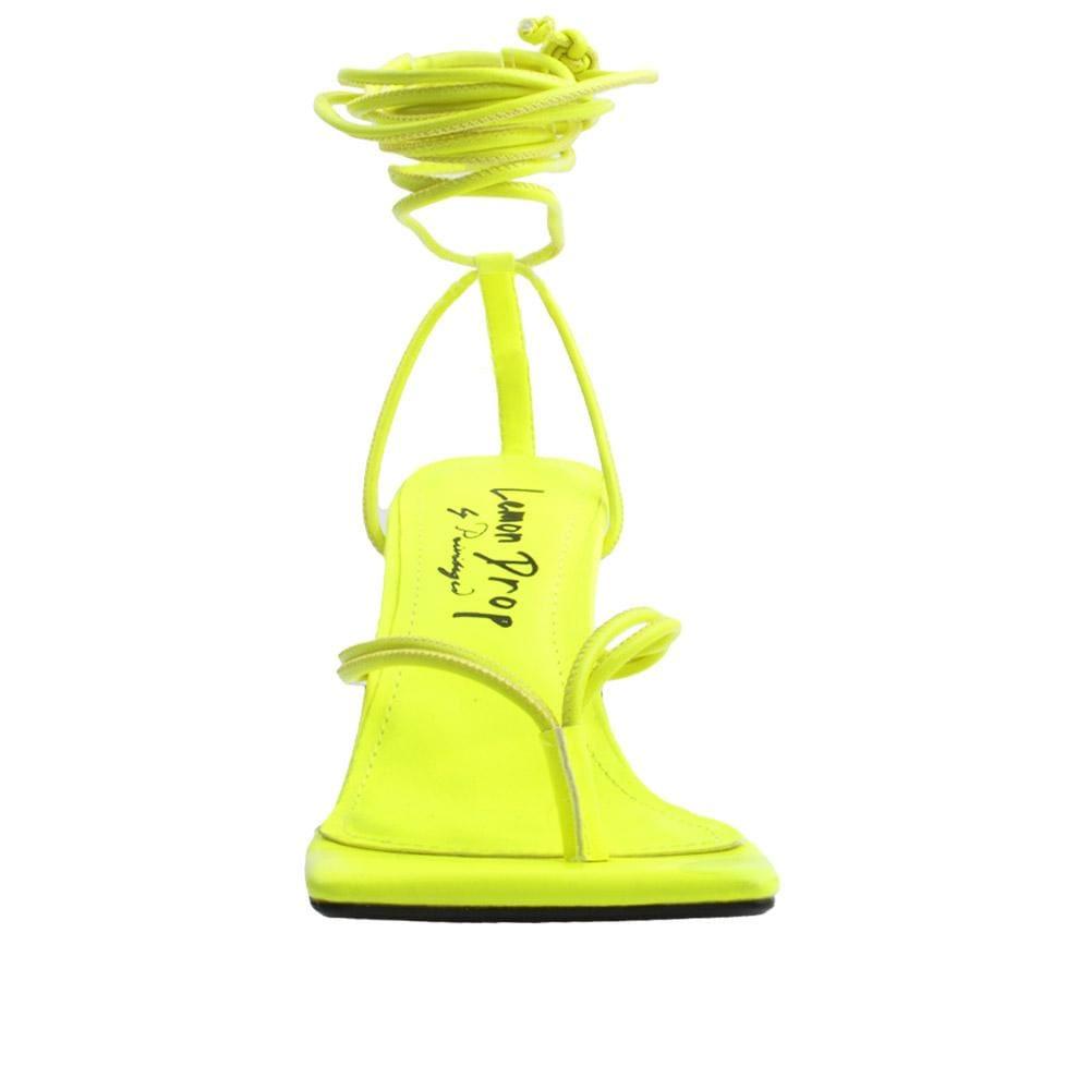 Lace tie up square toe women's heel in neon yellow-front view