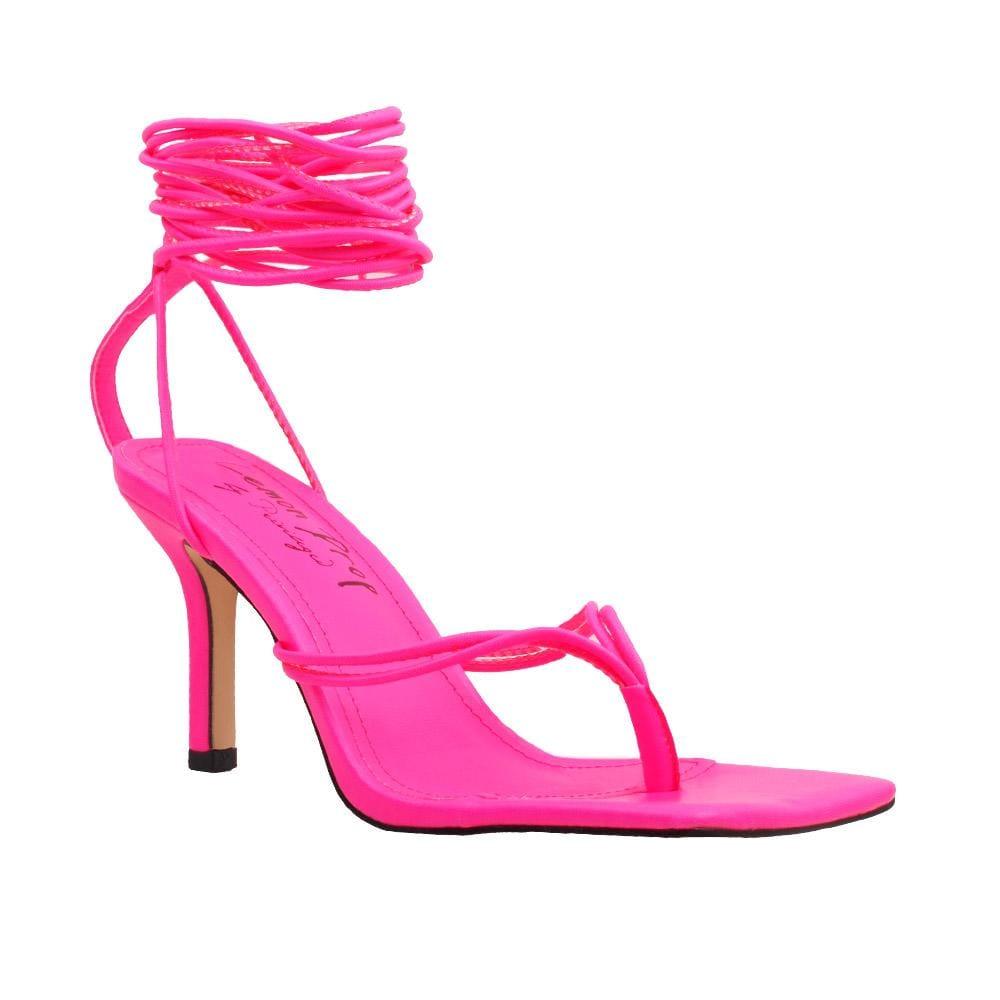 Lace tie up square toe women's heel in neon pink-corner view