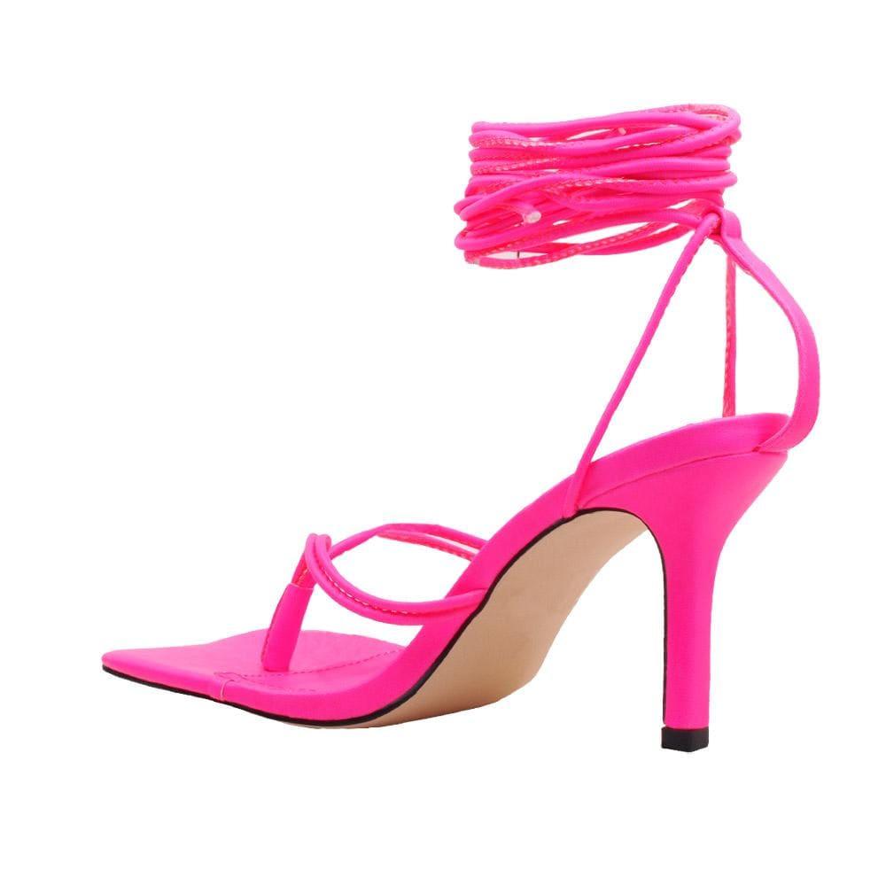 Lace tie up square toe women's heel in neon pink-posterior view