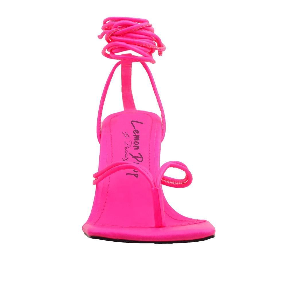 Lace tie up square toe women's heel in neon pink-front view