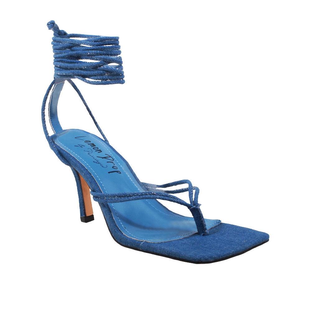 Lace tie up square toe women's heel in denim-corner view